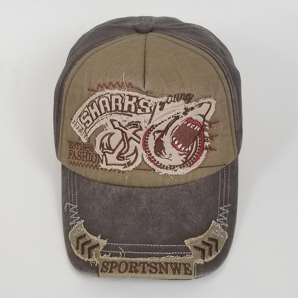 Sharks Hat Cap Strap Back Brown Khaki Embroidered Patch Distressed‎ Fashion Mens